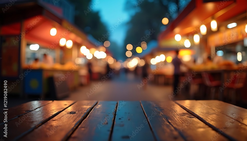 Night Market Wooden Table Food Street Scene Night Market Wooden Table Food Street Scene