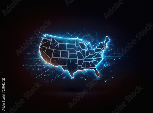 A glowing, digital map of the United States, illuminated with vibrant blue and orange hues, is set against a dark background.  Its outline is accentuated with connecting nodes, suggesting a technologi photo