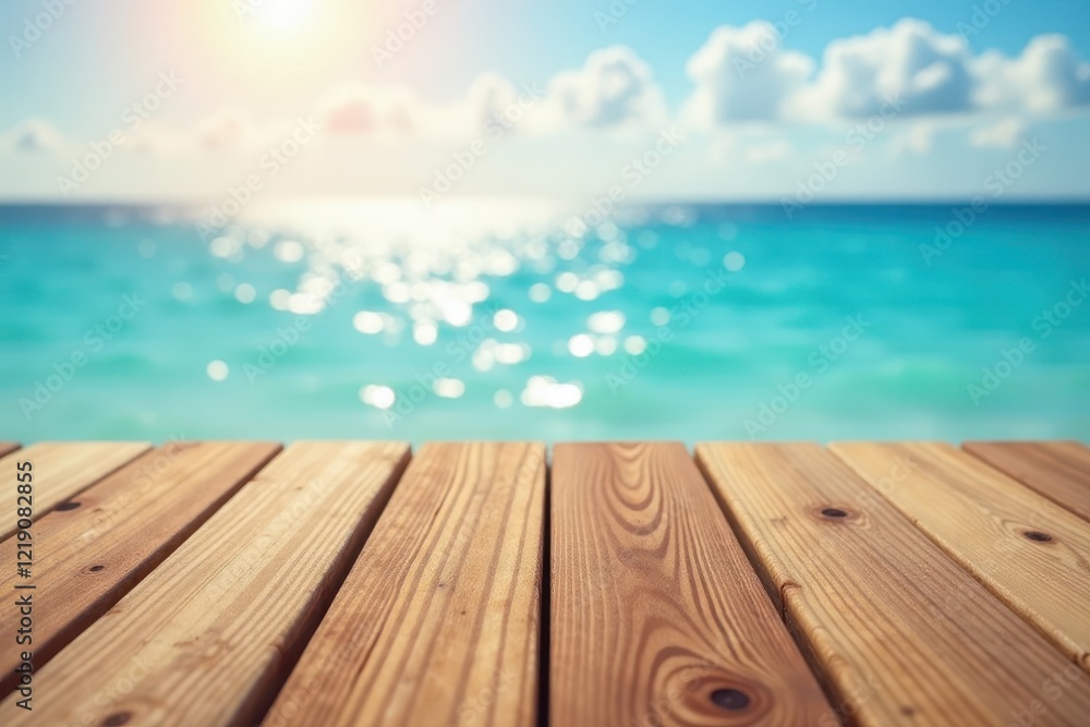 Warm brown wood grain on blurred sparkling azure sea and sunny sky background, travel, beach Warm brown wood grain on blurred sparkling azure sea and sunny sky background, travel, beach