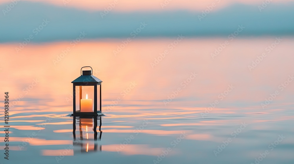 Floating Lantern Gently Illuminating Calm Water at Dusk with Soft Colors in the Background Floating Lantern Gently Illuminating Calm Water at Dusk with Soft Colors in the Background