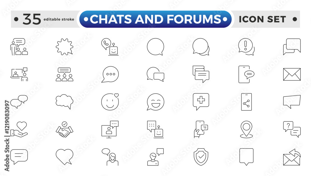 Chats and Forums icon.Approved, Checkmark box and Social media message. Chat and quote line icons. Chat speech bubble, Tick or check mark, Comment quote icons. Editable stroke outline icon. Chats and Forums icon.Approved, Checkmark box and Social media message. Chat and quote line icons. Chat speech bubble, Tick or check mark, Comment quote icons. Editable stroke outline icon.