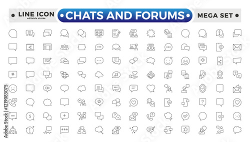 Chats and Forums icon.Approved, Checkmark box and Social media message. Chat and quote line icons. Chat speech bubble, Tick or check mark, Comment quote icons. Editable stroke outline icon. 