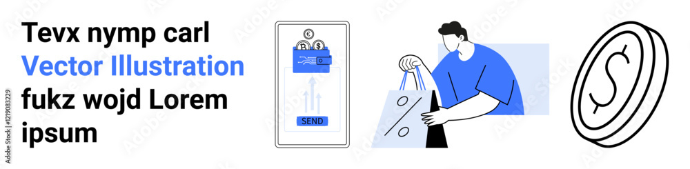 Man holding shopping bags, mobile phone with online purchase confirmation, stylized currency coin. Ideal for e-commerce, financial technology, mobile apps, online marketing, digital transactions Man holding shopping bags, mobile phone with online purchase confirmation, stylized currency coin. Ideal for e-commerce, financial technology, mobile apps, online marketing, digital transactions