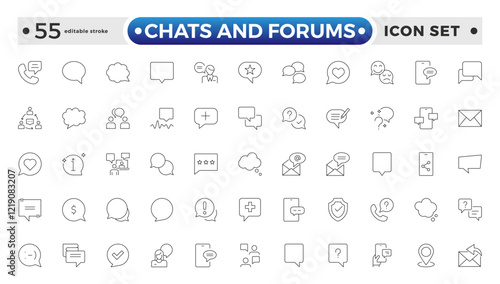 Chats and Forums icon.Approved, Checkmark box and Social media message. Chat and quote line icons. Chat speech bubble, Tick or check mark, Comment quote icons. Editable stroke outline icon. 