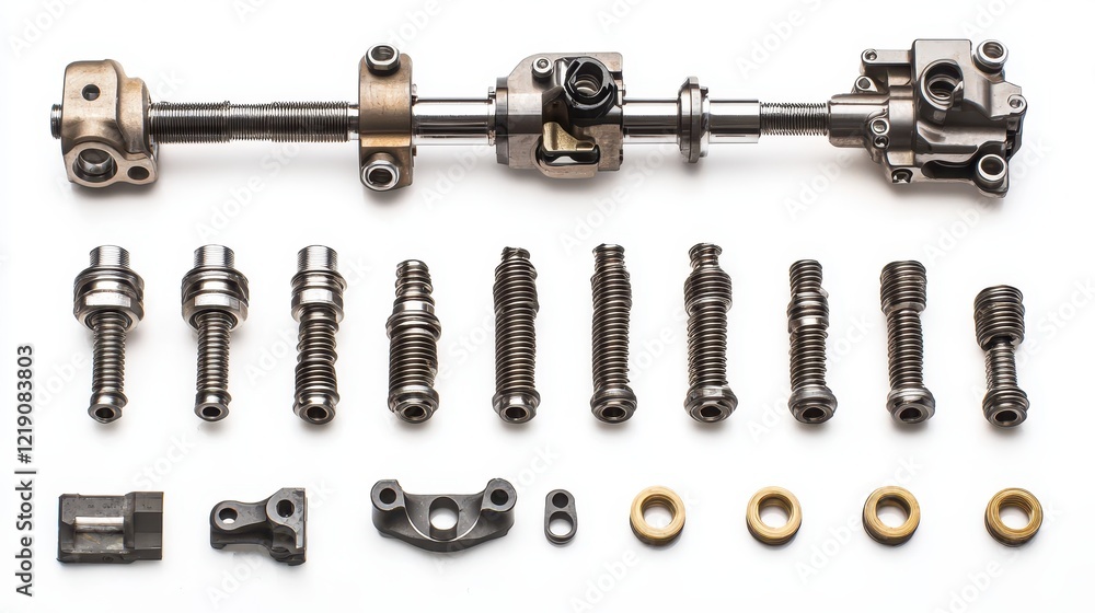A set of engine components including a valve lifter, camshaft, and rocker arms on a white isolated background A set of engine components including a valve lifter, camshaft, and rocker arms on a white isolated background