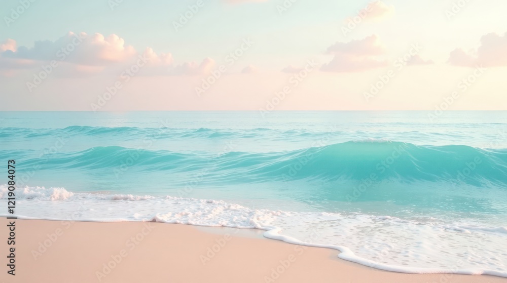 Obraz premium Serene Coastal Scene Soft Pastel Hues of Ocean Wave Gently Rolling onto a Sandy Shore at Dawn