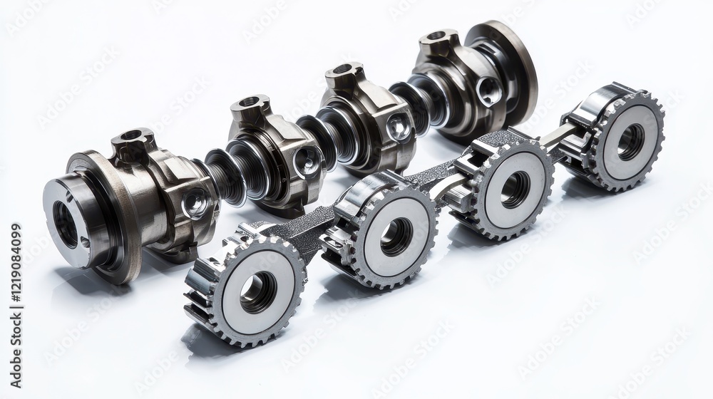 A close-up of an automotive engine valve timing gear and sprockets on a white isolated background A close-up of an automotive engine valve timing gear and sprockets on a white isolated background
