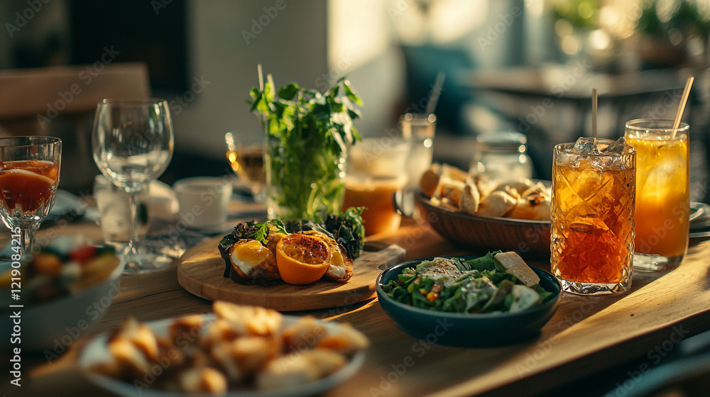 Gathering of friends enjoying a brunch spread with drinks in a cozy setting Gathering of friends enjoying a brunch spread with drinks in a cozy setting