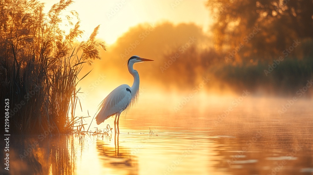 Naklejka premium A serene sunset scene featuring a white heron wading through shallow water near tall grasses.