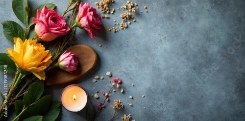 Grey textured layflat with rustic flower arrangement and candles, natural, warm ambiance, rustic photo