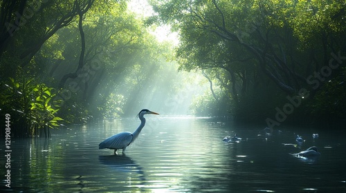 A serene forest scene featuring a majestic heron wading through a misty river surrounded by lush greenery and vibrant foliage. photo