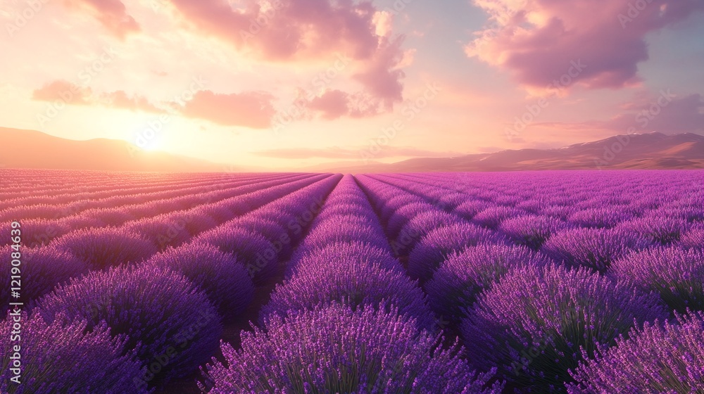 sunrise over vast fields of lavender. sunrise over vast fields of lavender.