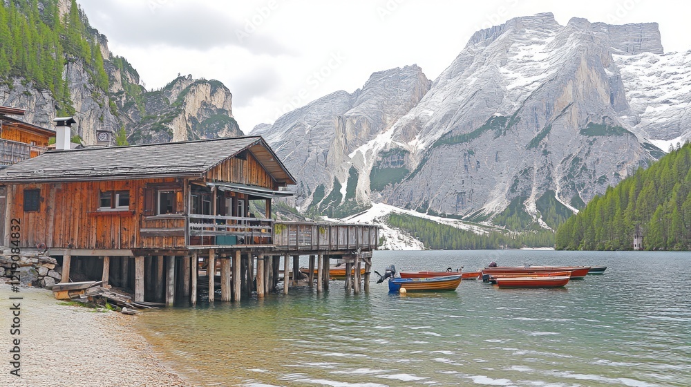 Naklejka premium Picturesque Wooden Lake House nestled amidst majestic Dolomites Mountains, Italy