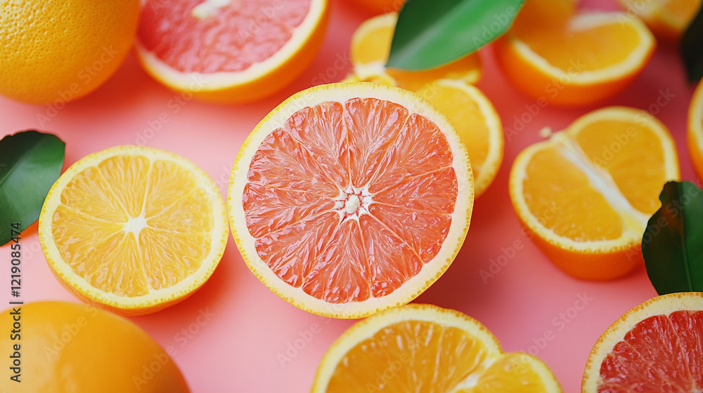 Fresh citrus fruits arranged artistically on a pink background with green leaves Fresh citrus fruits arranged artistically on a pink background with green leaves