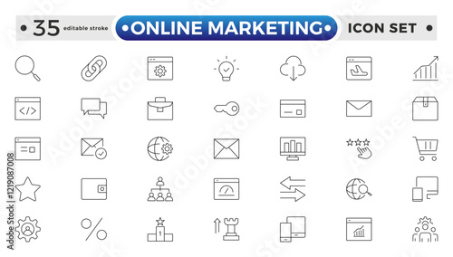 Online marketing and SEO outline icons set. Marketing & Search Engine Optimization outline icons collection. Website, search, mail, analysis, content, strategy. Editable stroke outline icon. 