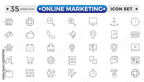 Online marketing and SEO outline icons set. Marketing & Search Engine Optimization outline icons collection. Website, search, mail, analysis, content, strategy. Editable stroke outline icon. 