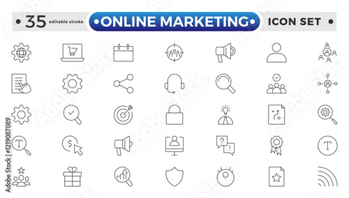 Online marketing and SEO outline icons set. Marketing & Search Engine Optimization outline icons collection. Website, search, mail, analysis, content, strategy. Editable stroke outline icon. 