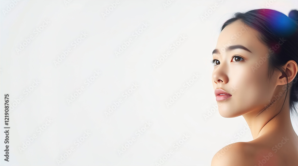 Naklejka premium pretty young woman in front of minimalist white studio that provides clean and versatile conditions for various creative projects and allows the subject to stand out against the laconic background
