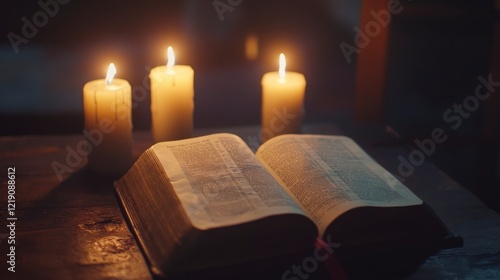 Wallpaper Mural An open Bible with three lit candles beside it, symbolizing the bright light of divine wisdom and inspiration for learning or reading in an ancient setting.  Torontodigital.ca