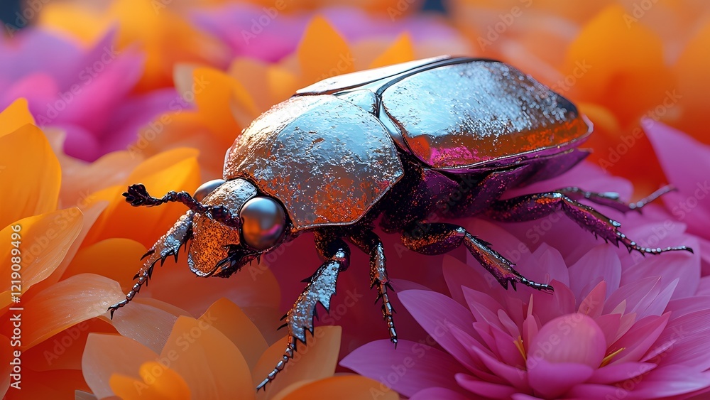 Fototapeta premium A close-up image of a metallic beetle resting on a flower with orange petals. The intricate details of the beetle and the vibrant colors of the flower create a striking and captivating visual.