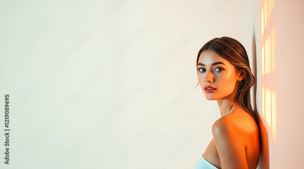 Fototapeta premium pretty young woman in front of minimalist white studio that provides clean and versatile conditions for various creative projects and allows the subject to stand out against the laconic background