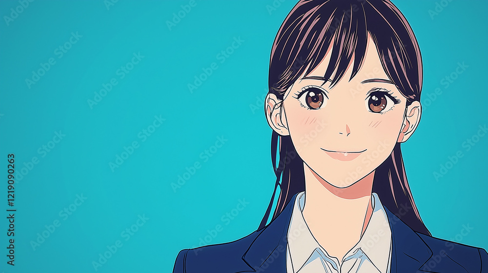 Professional young woman with long dark hair in a navy blue blazer over a white blouse, standing confidently against a bright turquoise background. Modern and approachable character illustration. Professional young woman with long dark hair in a navy blue blazer over a white blouse, standing confidently against a bright turquoise background. Modern and approachable character illustration.