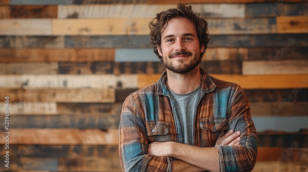 A man with his arms crossed standing in front of a wooden wall. A man with his arms crossed standing in front of a wooden wall.