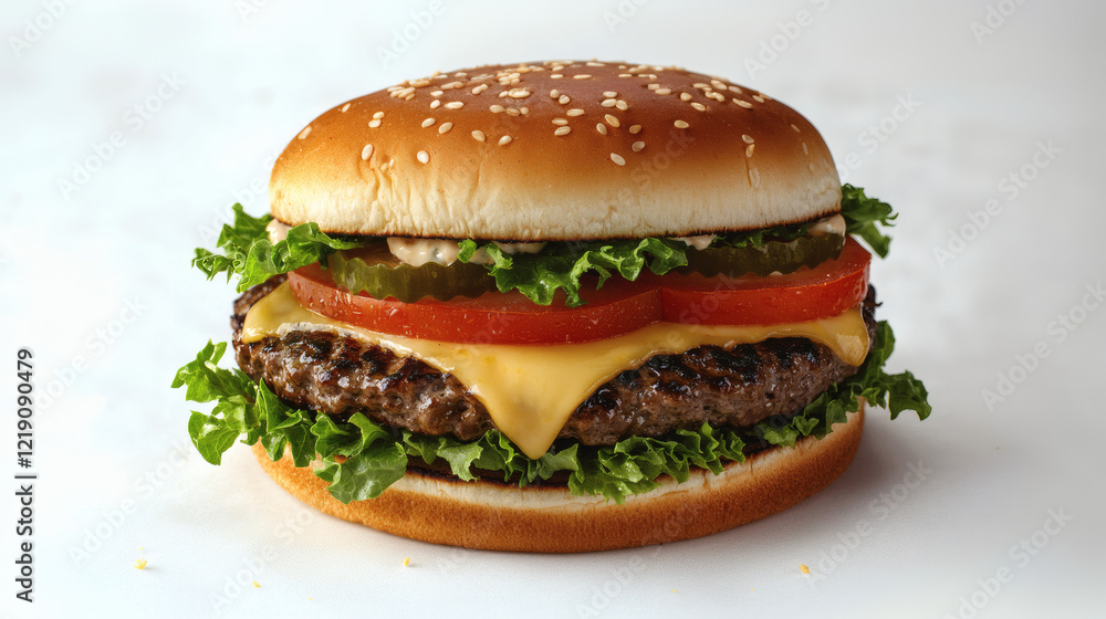 A Gourmet Cheeseburger With A Perfectly Toasted Bun, Fresh Lettuce, Tomato Slices, And Melted Cheese A Gourmet Cheeseburger With A Perfectly Toasted Bun, Fresh Lettuce, Tomato Slices, And Melted Cheese