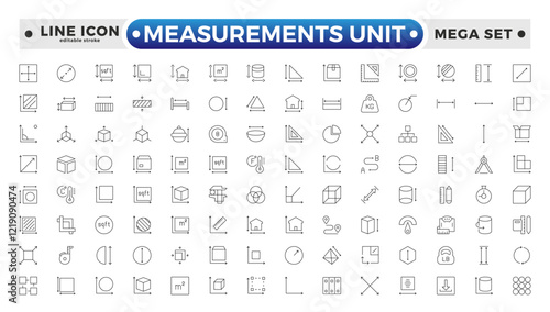 Measurement outline icons set with Measure, Area, Dimension, Distance, Diameter, Meter, Width, Radius, Length, weight, and volume. Contains such icons as ruler, m2. Editable stroke outline icon. 