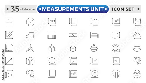 Measurement outline icons set with Measure, Area, Dimension, Distance, Diameter, Meter, Width, Radius, Length, weight, and volume. Contains such icons as ruler, m2. Editable stroke outline icon. 