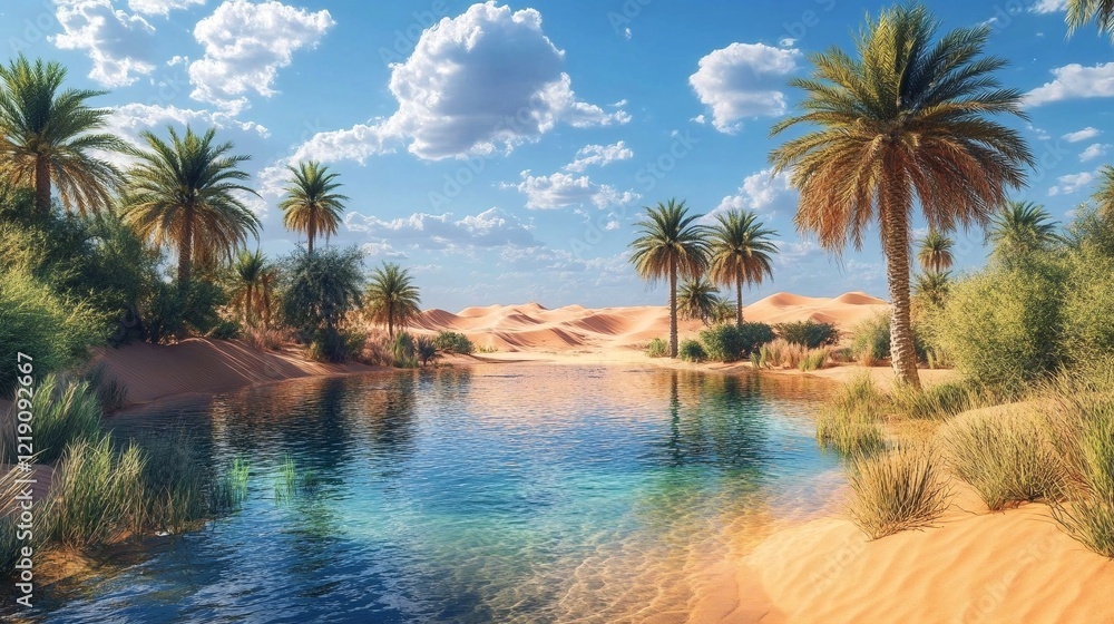 Fototapeta premium A serene oasis with palm trees and sand dunes in the background.