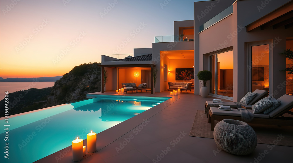 Fototapeta premium modern luxury villa with elegant swimming pool with panoramic views of sun-drenched azure sea coast