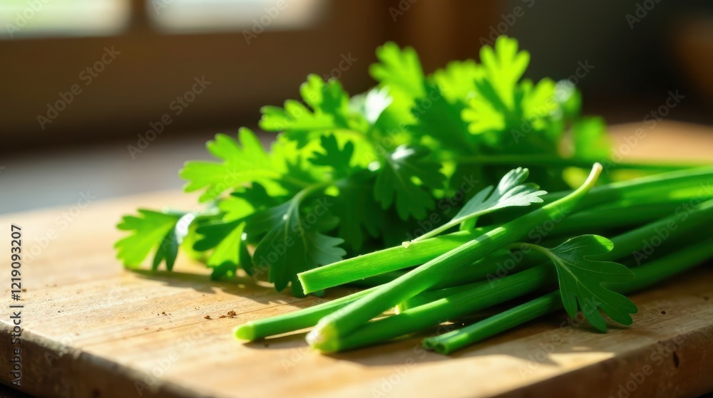 Fresh Parsley and Green Onions on Rustic Wooden Cutting Board in Sunlight Fresh Parsley and Green Onions on Rustic Wooden Cutting Board in Sunlight