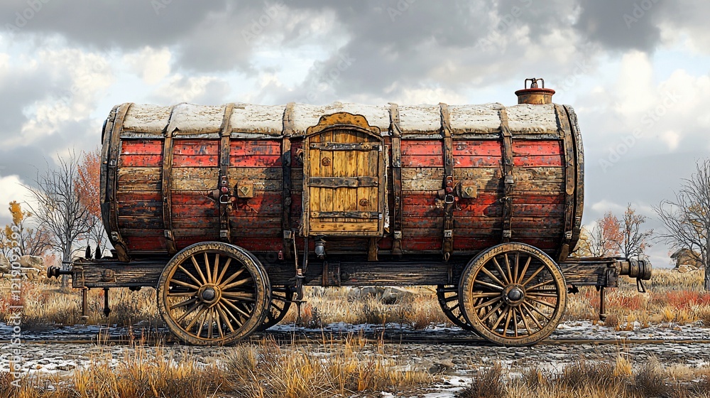 Rustic wooden barrel wagon on snowy field. Rustic wooden barrel wagon on snowy field.