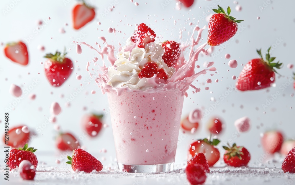 A strawberry milkshake with creamy splashes and strawberries flying mid-air on a clean white surface A strawberry milkshake with creamy splashes and strawberries flying mid-air on a clean white surface
