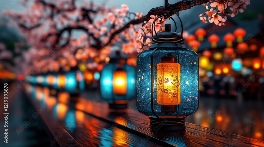 Obraz premium Taipei's Colorful Night Market: A Vibrant and Bustling Scene with Lanterns and Long Exposures