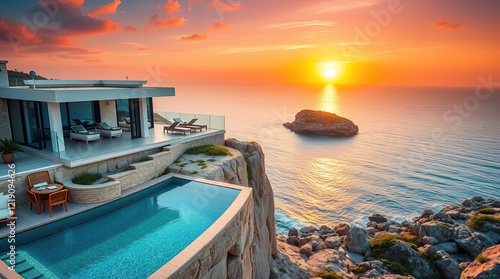 modern luxury villa with elegant swimming pool with panoramic views of sun-drenched azure sea coast