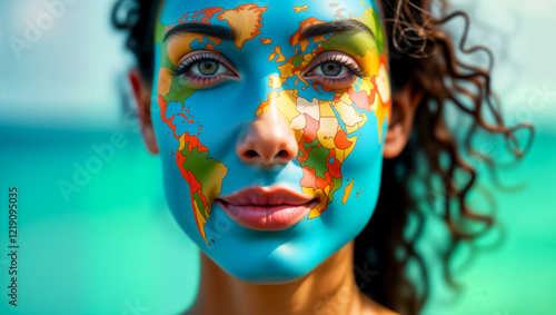 world map painted on a face: body painting, body art