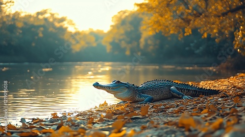 A gharial basking on the banks of an Indian river photo