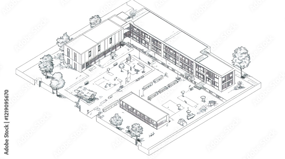 Fototapeta premium Minimalist line drawing, isometric view of an urban school with outdoor play area and garden, in black on a white background.