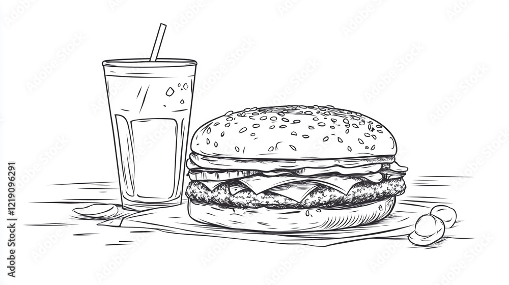 Enjoying a delicious burger with a refreshing drink on a casual dining table Enjoying a delicious burger with a refreshing drink on a casual dining table