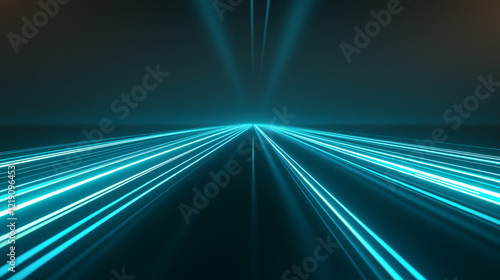 A futuristic scene featuring glowing blue lines converging towards a vanishing point, creating a sense of depth and motion. The background is dark, enhancing the luminous effect of the lines.