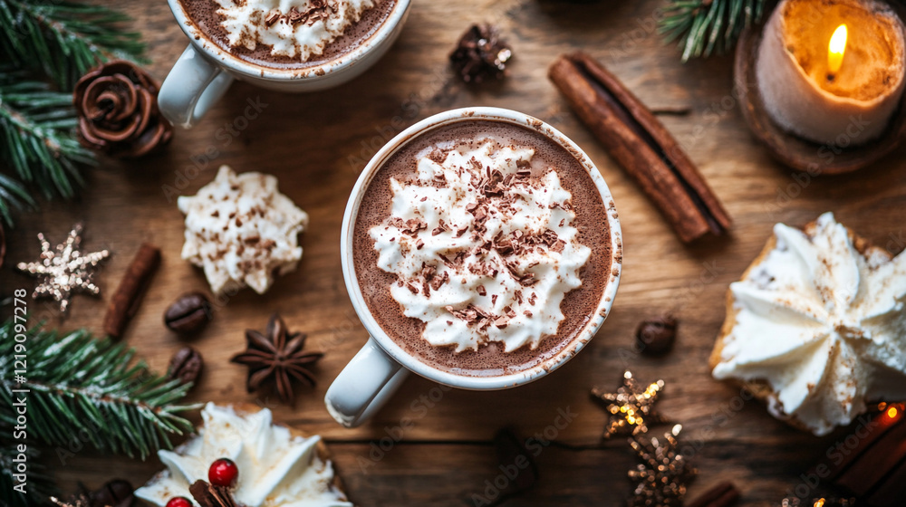 Rich hot chocolate with whipped cream and festive decorations during winter holiday season Rich hot chocolate with whipped cream and festive decorations during winter holiday season