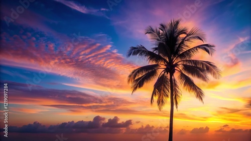 Minimalist Sunset Silhouette Palm Tree  - Tropical Travel Adventure Pastel Background Stock Photo