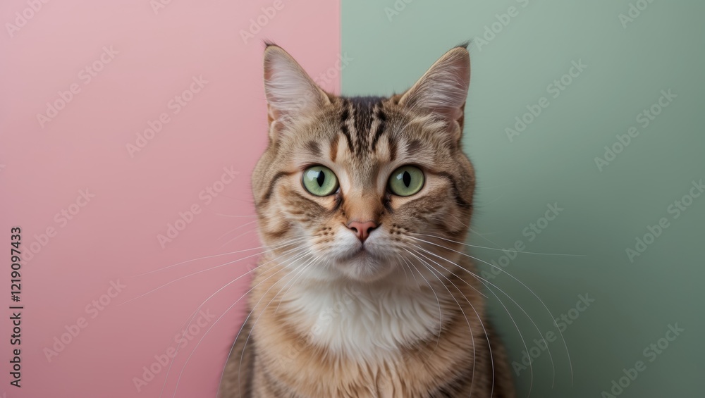 A close-up of a tabby cat with striking green eyes, set against a pastel pink and green background, showcasing its inquisitive expression. A close-up of a tabby cat with striking green eyes, set against a pastel pink and green background, showcasing its inquisitive expression.