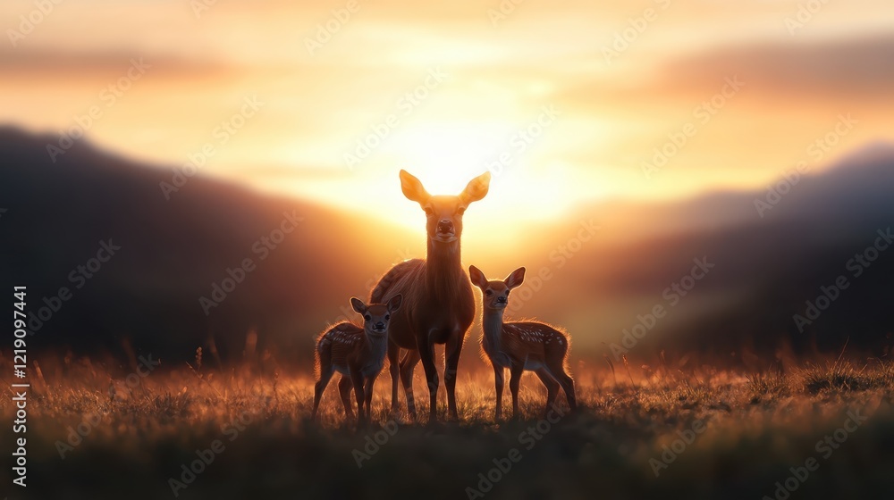 A beautiful family of deer stands gracefully in a sunlit field at dawn, symbolizing peace, innocence, and the quiet beauty of nature's embrace. A beautiful family of deer stands gracefully in a sunlit field at dawn, symbolizing peace, innocence, and the quiet beauty of nature's embrace.