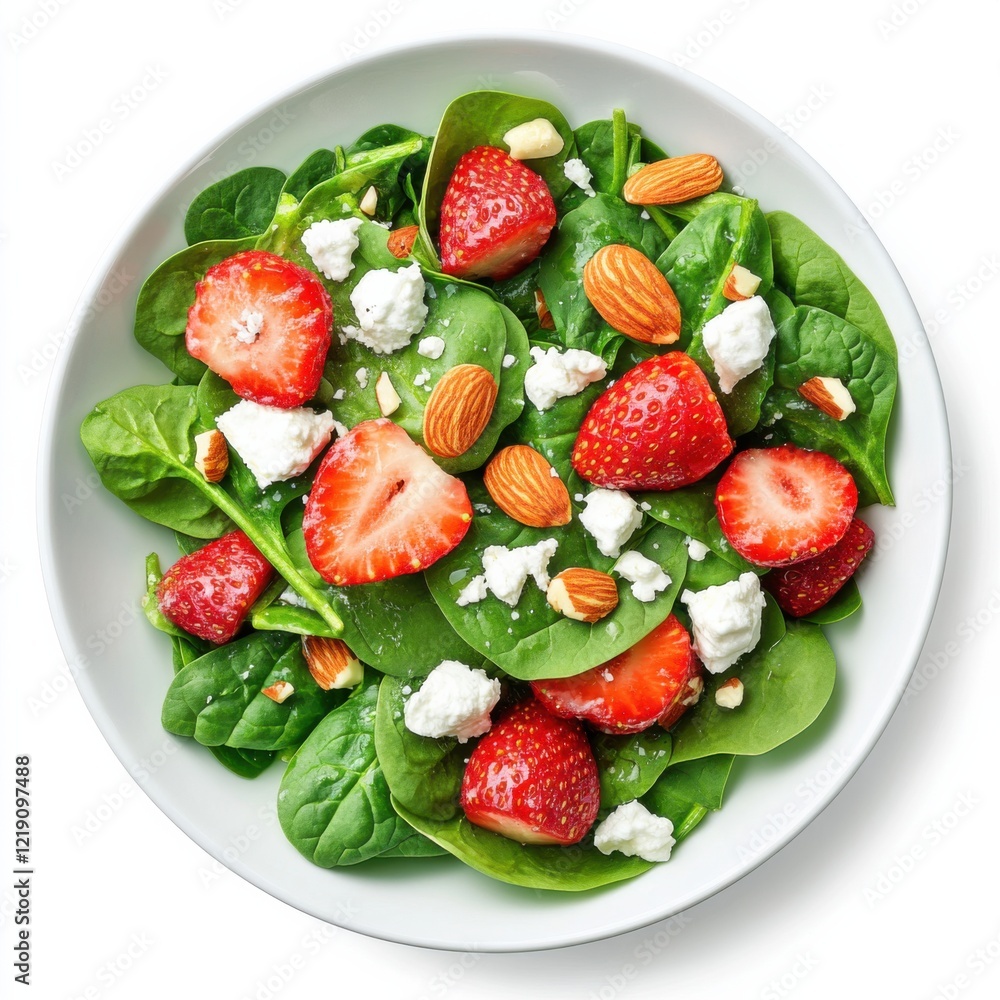 A fresh spinach and strawberry salad with goat cheese and almonds, isolated white background, modern art style A fresh spinach and strawberry salad with goat cheese and almonds, isolated white background, modern art style