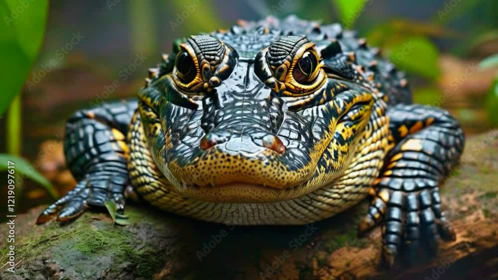 A Stunning Close-Up of a Strikingly Detailed Frog Resting on a Log Amidst Lush Greenery A Stunning Close-Up of a Strikingly Detailed Frog Resting on a Log Amidst Lush Greenery