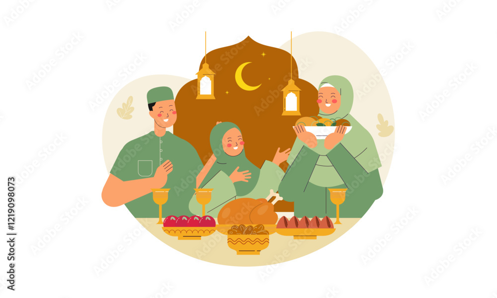 Obraz premium Iftar Eating after Fasting Feast Party Concept. Flat Design Illustration of Muslim Family Breaking the Fast in Ramadan. Design for Landing Page, Banner, Background, Poster, Social Media Post Template.