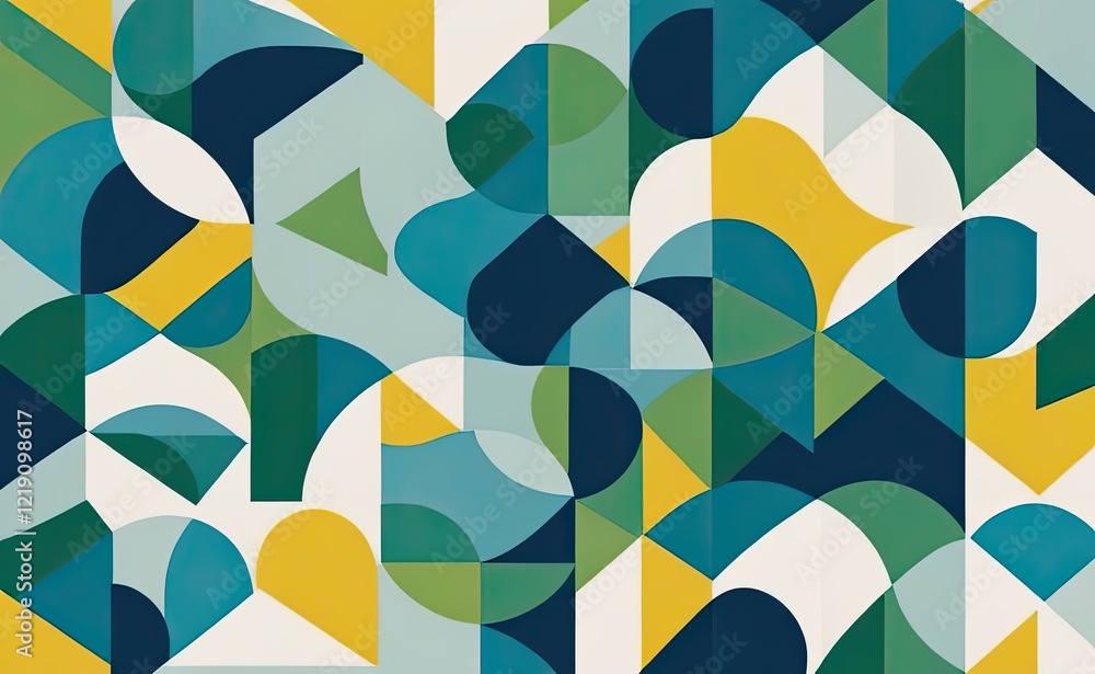 A vibrant abstract geometric pattern with intersecting shapes in shades of yellow, teal, green, and white. A vibrant abstract geometric pattern with intersecting shapes in shades of yellow, teal, green, and white.